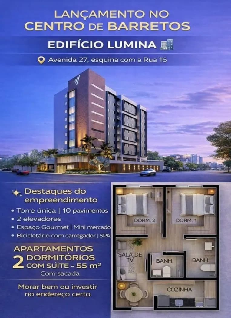 Apartamento de 54.99m² com 2 dormitórios e 1 vaga na garagem em Barretos, SP